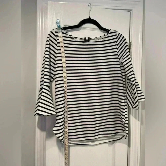 Green Envelope Black White Striped Zip Back Flared Sleeve Blouse Size Small - Picture 6 of 11